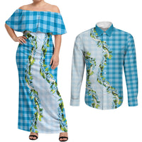Blue Hawaii Palaka Couples Matching Off Shoulder Maxi Dress and Long Sleeve Button Shirt Maile Pikake Honohono Orchid Lei LT05 Blue - Polynesian Pride