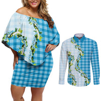 Blue Hawaii Palaka Couples Matching Off Shoulder Short Dress and Long Sleeve Button Shirt Maile Pikake Honohono Orchid Lei LT05 Blue - Polynesian Pride