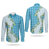 Blue Hawaii Palaka Couples Matching Off Shoulder Short Dress and Long Sleeve Button Shirt Maile Pikake Honohono Orchid Lei LT05 - Polynesian Pride