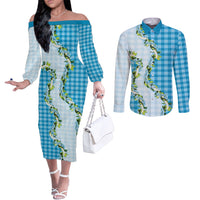 Blue Hawaii Palaka Couples Matching Off The Shoulder Long Sleeve Dress and Long Sleeve Button Shirt Maile Pikake Honohono Orchid Lei LT05 Blue - Polynesian Pride