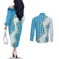 Blue Hawaii Palaka Couples Matching Off The Shoulder Long Sleeve Dress and Long Sleeve Button Shirt Maile Pikake Honohono Orchid Lei LT05 - Polynesian Pride