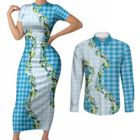 Blue Hawaii Palaka Couples Matching Short Sleeve Bodycon Dress and Long Sleeve Button Shirt Maile Pikake Honohono Orchid Lei LT05 Blue - Polynesian Pride