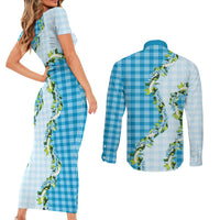 Blue Hawaii Palaka Couples Matching Short Sleeve Bodycon Dress and Long Sleeve Button Shirt Maile Pikake Honohono Orchid Lei LT05 - Polynesian Pride