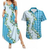 Blue Hawaii Palaka Couples Matching Summer Maxi Dress and Hawaiian Shirt Maile Pikake Honohono Orchid Lei LT05 Blue - Polynesian Pride