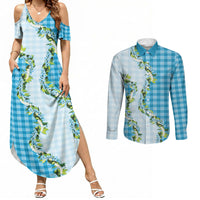 Blue Hawaii Palaka Couples Matching Summer Maxi Dress and Long Sleeve Button Shirt Maile Pikake Honohono Orchid Lei LT05 Blue - Polynesian Pride