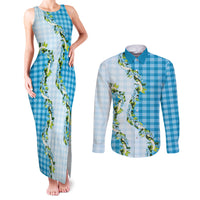 Blue Hawaii Palaka Couples Matching Tank Maxi Dress and Long Sleeve Button Shirt Maile Pikake Honohono Orchid Lei LT05 Blue - Polynesian Pride