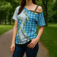 Blue Hawaii Palaka Cross Shoulder Shirt Maile Pikake Honohono Orchid Lei