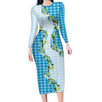 Blue Hawaii Palaka Family Matching Long Sleeve Bodycon Dress and Hawaiian Shirt Maile Pikake Honohono Orchid Lei LT05 Mom's Dress Blue - Polynesian Pride