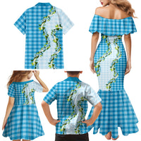 Blue Hawaii Palaka Family Matching Mermaid Dress and Hawaiian Shirt Maile Pikake Honohono Orchid Lei LT05 - Polynesian Pride