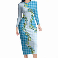 Blue Hawaii Palaka Long Sleeve Bodycon Dress Maile Pikake Honohono Orchid Lei LT05 Long Dress Blue - Polynesian Pride