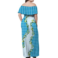 Blue Hawaii Palaka Off Shoulder Maxi Dress Maile Pikake Honohono Orchid Lei