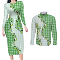 Green Hawaii Palaka Couples Matching Long Sleeve Bodycon Dress and Long Sleeve Button Shirt Maile Pikake Honohono Orchid Lei LT05 Green - Polynesian Pride
