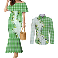 Green Hawaii Palaka Couples Matching Mermaid Dress and Long Sleeve Button Shirt Maile Pikake Honohono Orchid Lei LT05 Green - Polynesian Pride