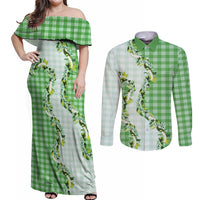 Green Hawaii Palaka Couples Matching Off Shoulder Maxi Dress and Long Sleeve Button Shirt Maile Pikake Honohono Orchid Lei LT05 Green - Polynesian Pride