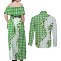 Green Hawaii Palaka Couples Matching Off Shoulder Maxi Dress and Long Sleeve Button Shirt Maile Pikake Honohono Orchid Lei LT05 - Polynesian Pride