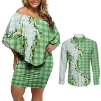Green Hawaii Palaka Couples Matching Off Shoulder Short Dress and Long Sleeve Button Shirt Maile Pikake Honohono Orchid Lei LT05 Green - Polynesian Pride