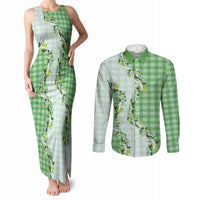 Green Hawaii Palaka Couples Matching Tank Maxi Dress and Long Sleeve Button Shirt Maile Pikake Honohono Orchid Lei LT05 Green - Polynesian Pride