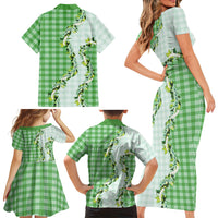 Green Hawaii Palaka Family Matching Short Sleeve Bodycon Dress and Hawaiian Shirt Maile Pikake Honohono Orchid Lei LT05 - Polynesian Pride