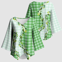 Green Hawaii Palaka Kimono Sleeve Blouse Maile Pikake Honohono Orchid Lei