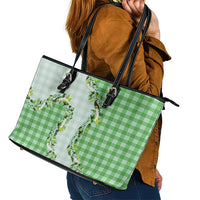 Green Hawaii Palaka Leather Tote Bag Maile Pikake Honohono Orchid Lei