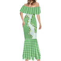 Green Hawaii Palaka Mermaid Dress Maile Pikake Honohono Orchid Lei