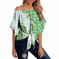 Green Hawaii Palaka Off Shoulder Wrap Waist Top Maile Pikake Honohono Orchid Lei LT05 - Polynesian Pride