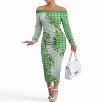 Green Hawaii Palaka Off The Shoulder Long Sleeve Dress Maile Pikake Honohono Orchid Lei LT05 Women Green - Polynesian Pride