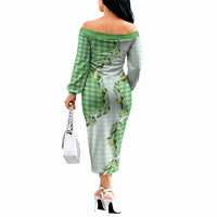 Green Hawaii Palaka Off The Shoulder Long Sleeve Dress Maile Pikake Honohono Orchid Lei LT05 - Polynesian Pride