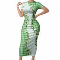 Green Hawaii Palaka Short Sleeve Bodycon Dress Maile Pikake Honohono Orchid Lei LT05 Long Dress Green - Polynesian Pride