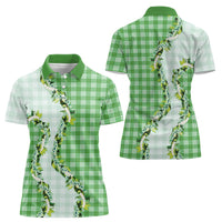 Green Hawaii Palaka Women Polo Shirt Maile Pikake Honohono Orchid Lei