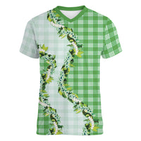 Green Hawaii Palaka Women V-Neck T-Shirt Maile Pikake Honohono Orchid Lei LT05 Female Green - Polynesian Pride
