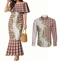 Mocha Hawaii Palaka Couples Matching Mermaid Dress and Long Sleeve Button Shirt Maile Pikake Honohono Orchid Lei LT05 Mocha - Polynesian Pride