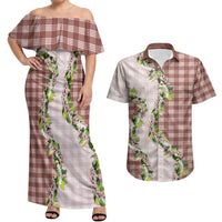 Mocha Hawaii Palaka Couples Matching Off Shoulder Maxi Dress and Hawaiian Shirt Maile Pikake Honohono Orchid Lei LT05 Mocha - Polynesian Pride