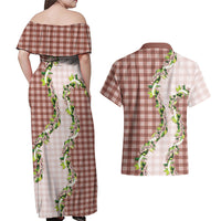 Mocha Hawaii Palaka Couples Matching Off Shoulder Maxi Dress and Hawaiian Shirt Maile Pikake Honohono Orchid Lei LT05 - Polynesian Pride