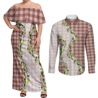 Mocha Hawaii Palaka Couples Matching Off Shoulder Maxi Dress and Long Sleeve Button Shirt Maile Pikake Honohono Orchid Lei LT05 Mocha - Polynesian Pride