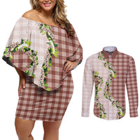 Mocha Hawaii Palaka Couples Matching Off Shoulder Short Dress and Long Sleeve Button Shirt Maile Pikake Honohono Orchid Lei LT05 Mocha - Polynesian Pride