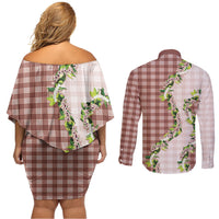 Mocha Hawaii Palaka Couples Matching Off Shoulder Short Dress and Long Sleeve Button Shirt Maile Pikake Honohono Orchid Lei
