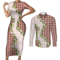 Mocha Hawaii Palaka Couples Matching Short Sleeve Bodycon Dress and Long Sleeve Button Shirt Maile Pikake Honohono Orchid Lei LT05 Mocha - Polynesian Pride