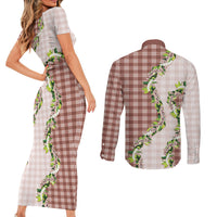 Mocha Hawaii Palaka Couples Matching Short Sleeve Bodycon Dress and Long Sleeve Button Shirt Maile Pikake Honohono Orchid Lei LT05 - Polynesian Pride