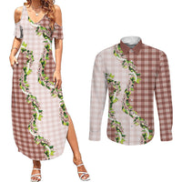 Mocha Hawaii Palaka Couples Matching Summer Maxi Dress and Long Sleeve Button Shirt Maile Pikake Honohono Orchid Lei