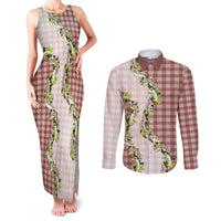 Mocha Hawaii Palaka Couples Matching Tank Maxi Dress and Long Sleeve Button Shirt Maile Pikake Honohono Orchid Lei LT05 Mocha - Polynesian Pride