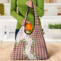 Mocha Hawaii Palaka Grocery Bag Maile Pikake Honohono Orchid Lei