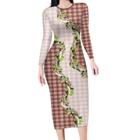 Mocha Hawaii Palaka Long Sleeve Bodycon Dress Maile Pikake Honohono Orchid Lei