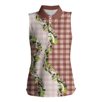 Mocha Hawaii Palaka Women Sleeveless Polo Shirt Maile Pikake Honohono Orchid Lei LT05 Female Mocha - Polynesian Pride