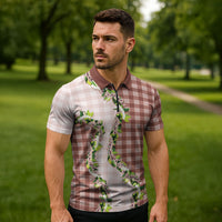 Mocha Hawaii Palaka Zipper Polo Shirt Maile Pikake Honohono Orchid Lei