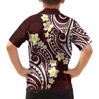 Plumeria With Oxblood Polynesian Tattoo Pattern Family Matching Off The Shoulder Long Sleeve Dress and Hawaiian Shirt LT05 - Polynesian Pride