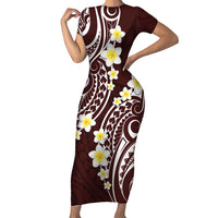Plumeria With Oxblood Polynesian Tattoo Pattern Family Matching Short Sleeve Bodycon Dress and Hawaiian Shirt LT05 Mom's Dress Red - Polynesian Pride