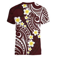 Plumeria With Oxblood Polynesian Tattoo Pattern Women V-Neck T-Shirt