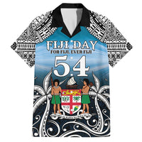 Personalised Happy 54th Fiji Day Family Matching Off Shoulder Short Dress and Hawaiian Shirt Forever Fiji With Tapa Tribal Pattern LT05 Dad's Shirt - Short Sleeve Blue - Polynesian Pride