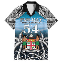 Personalised Happy 54th Fiji Day Family Matching Tank Maxi Dress and Hawaiian Shirt Forever Fiji With Tapa Tribal Pattern LT05 Dad's Shirt - Short Sleeve Blue - Polynesian Pride